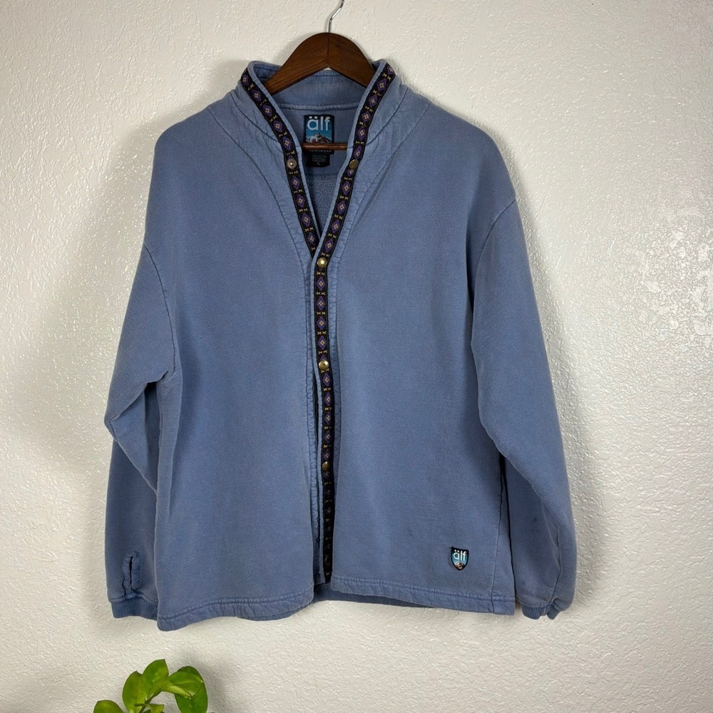Alf Fleece Jacket Mens XL Blue Good Vintage Geometric Trim Snap Front